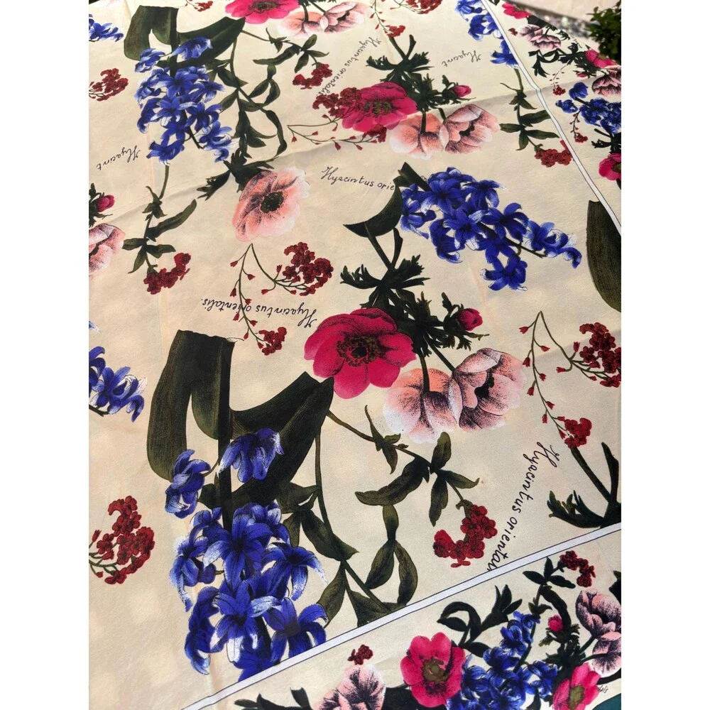 Silk Botanical Scarf with Hyacinths and Poppies
